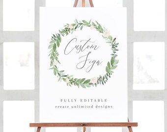 Large Custom Sign Template 16x20 + 18x24 - Unlimited Designs - White Roses & Greenery - Watercolor Floral - Editable Instant Download WS-008
