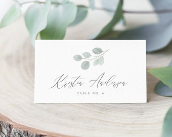 Eucalyptus Place Card Editable Template - White Roses & Greenery - Watercolor Leaves - Seating Card Printable - Instant Download - WS-008