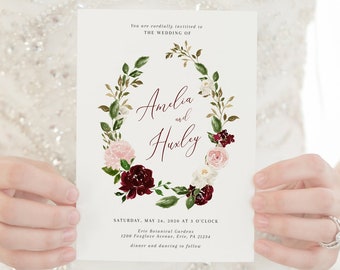 Blush & Burgundy Wreath Wedding Invitation Suite - Editable Template - Watercolor Floral Roses - Instant Download - RSVP and Detail - WS-017