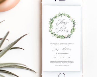 Change of Plans Announcement - Postponed Wedding Reschedule - Floral Watercolor - Text Email Electronic Template - Instant Download WS-008