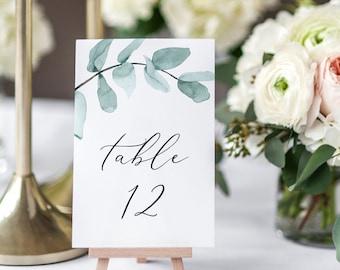 Table Number Template - White Roses & Greenery - Watercolor Floral Wreath - Instant Download - 4x6 + 5x7 - Printable Editable Text - WS-023