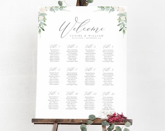 Wedding Seating Chart Template - White Roses & Greenery - Eucalyptus - Printable Editable Text - US and UK sizes - Instant Download WS-008