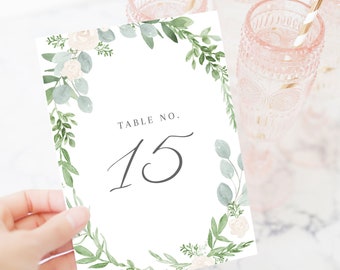 Table Number Template - White Roses & Greenery - Watercolor Floral Wreath - Instant Download - 4x6 + 5x7 - Printable Editable Text - WS-008