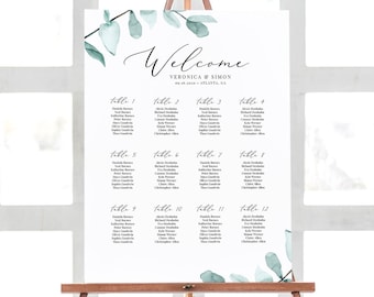 Eucalyptus Wedding Seating Chart Template - Printable Seating Sign - Watercolor - Editable Text - US & UK sizes - Instant Download WS-023