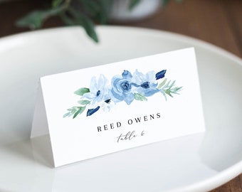 French Blue Floral Place Card Editable Template  - Watercolor Floral - Seating Card Printable - Instant Download - WS-020