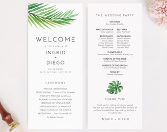 Wedding Program Template - Modern Tropical Greenery - Long Program - Double Sided - Instant Download - Order of Service - WS-018