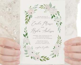White & Blush Flowers Wedding Invitation Suite - Editable Template - Watercolor Floral Greenery - Instant Download - RSVP and Detail WS-022