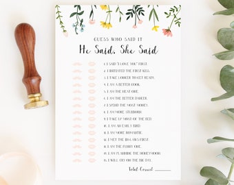 He Said She Said Bridal Shower Game Printable - Guess Who Said It - Folk Wildflowers - Editable Template  - Instant Download - WS-021