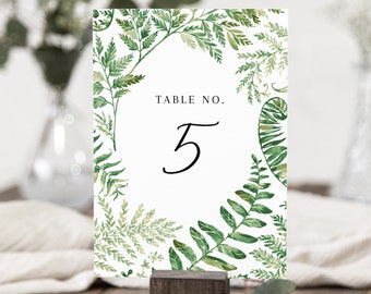 Fern Table Number Editable Template - Watercolor Greenery - Instant Download - 4x6 & 5x7 - Editable Text - Templett - Printable - WS-005