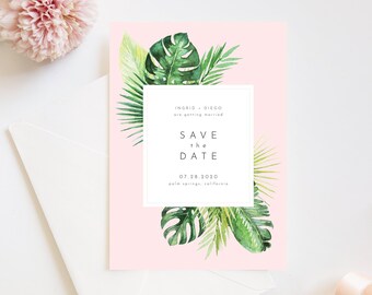 Modern Tropical Greenery Save the Date - Watercolor Palm Leaves - Printable Editable Template 5"x7" Instant Download WS-018