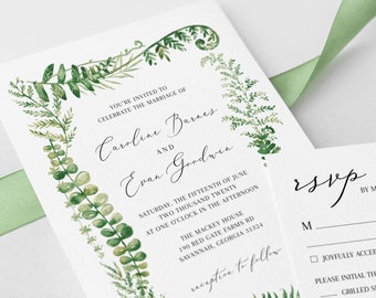 Fern Wedding Invitation Suite - Editable Template - Watercolor Greenery - Instant Download - RSVP and Detail - WS-005
