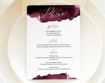 Watercolor Wedding Menu Template - Burgundy Wine - Instant Download - 5x7 Menu - Editable Text - Templett - Printable - TS-005