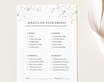 What's on Your Phone Game - Delicate Floral - Bridal Shower Game Printable - Editable Template - Instant Download WS-025