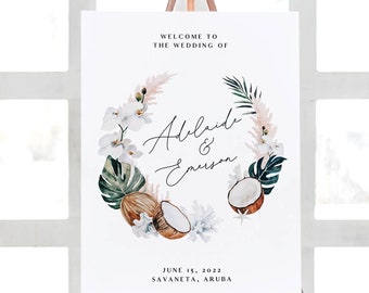 Tropical Welcome Sign Template - White Sands Collection - 18x24 24x36 A1 A2 - Wedding Welcome Sign - Editable Text - Instant Download WS-029