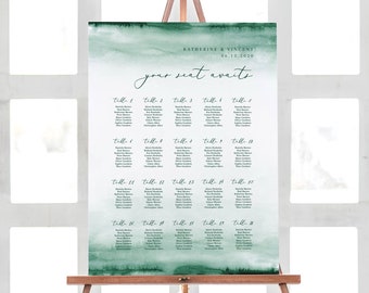 Wedding Seating Chart Template - Emerald Green Watercolor - Printable Sign - Editable Text US & UK sizes Instant Download WS-028