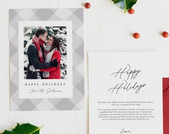 Holiday Photo Card - 5"x7" Christmas Card with Photo - Gray Check Plaid - Printable Editable Template - Instant Download CHC-021