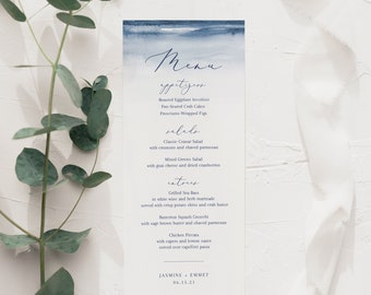 Indigo Watercolor Wedding Menu Template - Indigo Blue  - Instant Download - Long Menu - Printable  Editable Text - Templett - WS-024