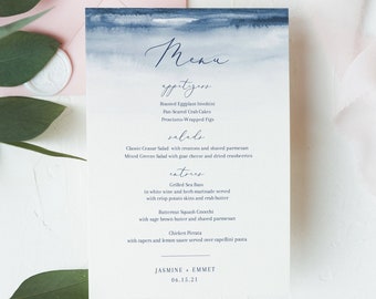 Indigo Watercolor Wedding Menu Template - Indigo Blue  - Instant Download - 5x7 Menu - Printable  Editable Text - Templett - WS-024