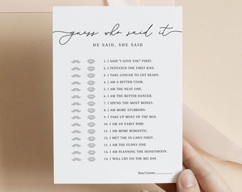 He Said She Said Game - Minimalist Modern Design - Bridal Shower Game Printable - Guess Who Said It - Editable Template - Instant Download