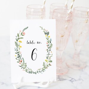 Table Number Template - Folk Wildflowers - Watercolor Floral Wreath - Instant Download - 4x6 + 5x7 - Printable Editable Text - WS-021