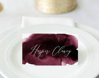 Calligraphy Place Cards - Burgundy Wine Watercolor - Printable Editable Template - Seating Card - Instant Download - Flat & Tent - TS-005