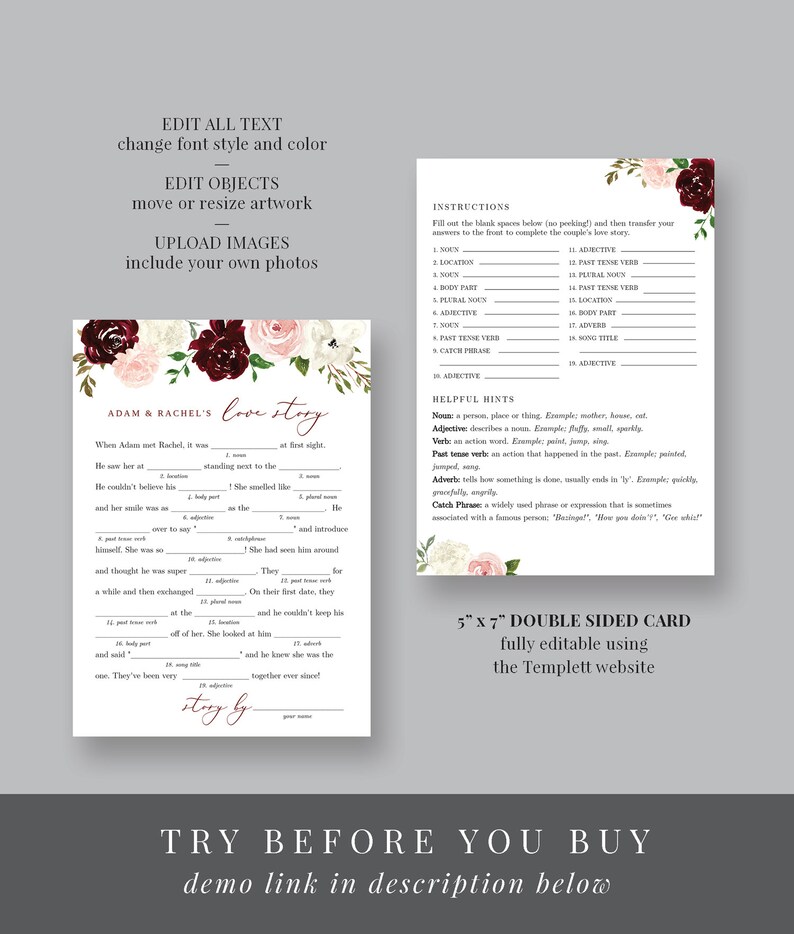 Funny Bridal Shower Game Printable Mad Libs Printable | Etsy