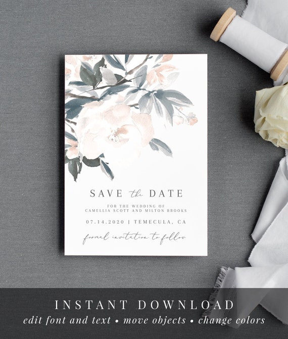 Watercolor Dusty Blue Flowers WS-009 Seating Card Flat /& Tent Camellia Place Card Printable Editable Template Instant Download