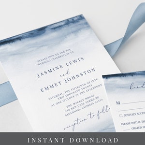 Indigo Blue Watercolor Wedding Invitation Suite - Editable Template - Watercolor Background - Instant Download - RSVP and Detail WS-024
