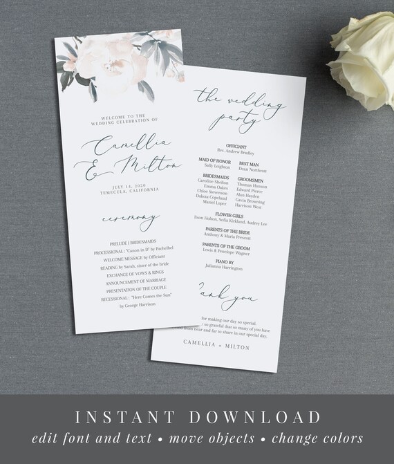 Watercolor Dusty Blue Flowers WS-009 Seating Card Flat /& Tent Camellia Place Card Printable Editable Template Instant Download