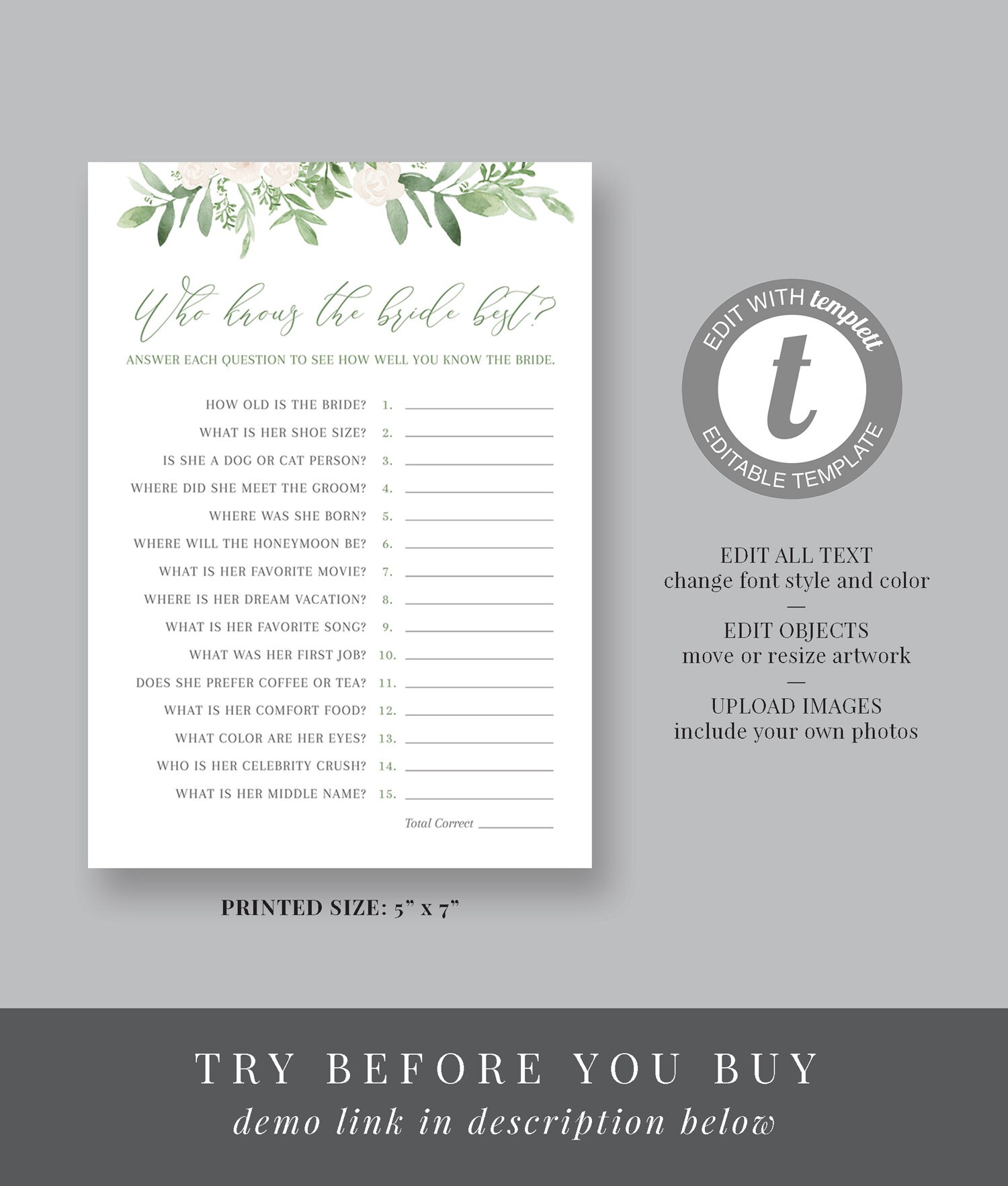 Who Knows the Bride Best Bridal Shower Game Printable - Editable Template -  Instant Download - Wedding Shower Game WS-008