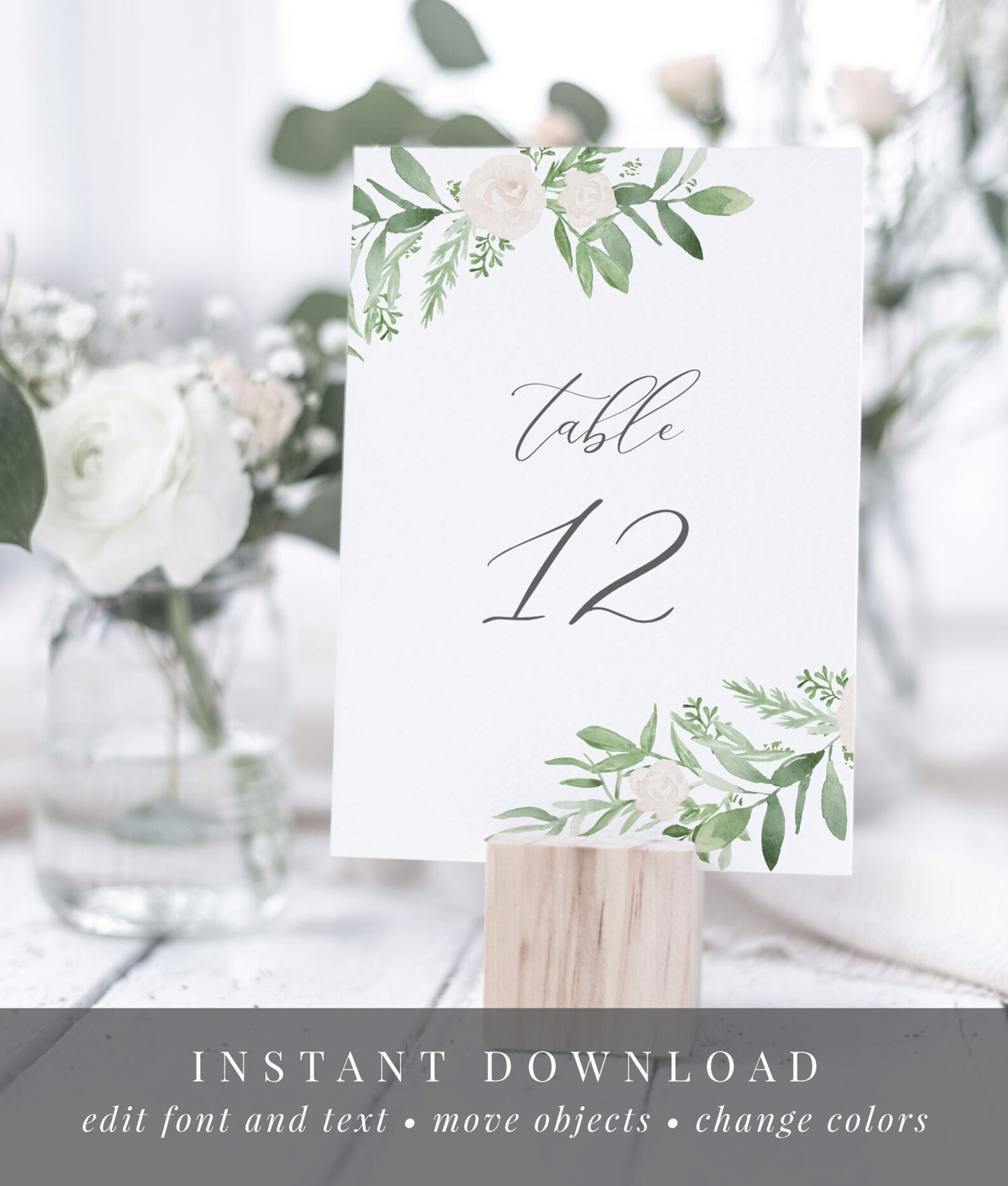 Table Number Template White Roses &amp; Greenery Watercolor - Etsy
