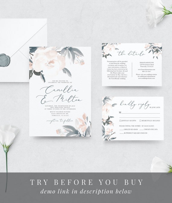 Watercolor Dusty Blue Flowers WS-009 Seating Card Flat /& Tent Camellia Place Card Printable Editable Template Instant Download