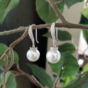 CZ Zirconia Drop Earrings. Pearl Hook Earring. Bridesmaid Earring Gift. Dangling Pearl Earring.CZ Hook with Pearl Earring.