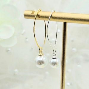 925 Sterling silver Ear Wire Long Round Pear Drop Earring .Silver, Gold 10MM,8MM  Round Pearl Earring . Bridesmaid Earring. Bridal Earring.