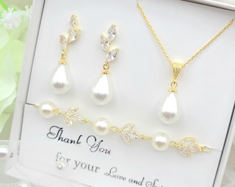 ROSE GOLD, Silver, Gold   12MM Teardrop Pearl Necklace and Earring Bracelet Set. Bridesmaid Jewelry Set. Bridal Jewelry Set. -3 Colors