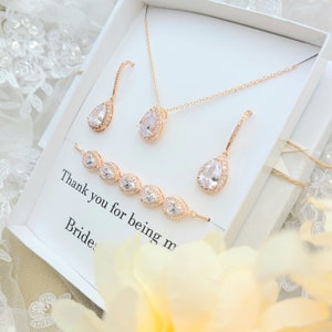 Silver Teardrop Necklace and Earring, Bracelet 3Set .Rose gold Cubic Zirconia Teardrop Necklace, Earring, Bracelet . Bridesmaid Necklace.