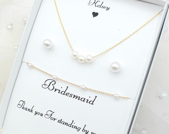 Winzige Mini Perlenkette & Ohrstecker Set. 5mm Mini Perlenkette und Ohrstecker. Brautjungfer, Blumenmädchen Geschenk - 3 Farben