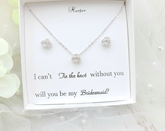 Silver, Rose Gold AAA Cubic Zirconia Tie the Knot Bridesmaid Jewelry Set. Gold Tie the Knot Necklace and Earring Set.-3 Colors