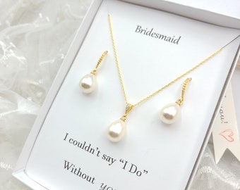 Conjunto de collar y aretes de perlas de 12 mm. Collar de lágrima de perlas de dama de honor de oro de 12 mm, juego de pendientes. Collar de perlas de plata, juego de pendientes.