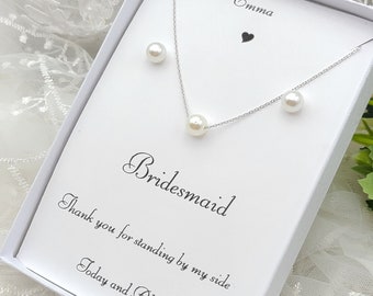 8mm Pearl Dainty chain Necklace 925 Silver Post Stud Earring, Tiny Bracelet 3Set.  Bridesmaid Pearl 3Set, Gold, Silver, Rose gold Pearl Set.