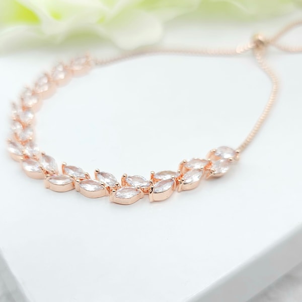 ROSE GOLD Tiny Leafs Bracelet. AAA+  Cubic zirconia Silver Tiny Leafs Bracelet. Silver Tiny leafs Slide Clasp Bracelet. Bridesmaid Bracelet.