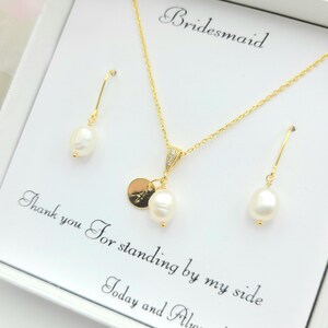 Fresh Water pearl with Premium Quality Plating  Ear hook and Necklace Set. Gold, Silver Initial Disk with Fresh Water Necklace. Bridesmaid.