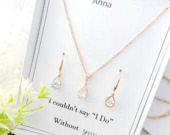 925 Silver Earring Hook with Rose gold ,Silver, Gold Clear Teardrop Dainty Chain Necklace & Earring Set. Bridesmaid jewelry Set.- 3 Colors