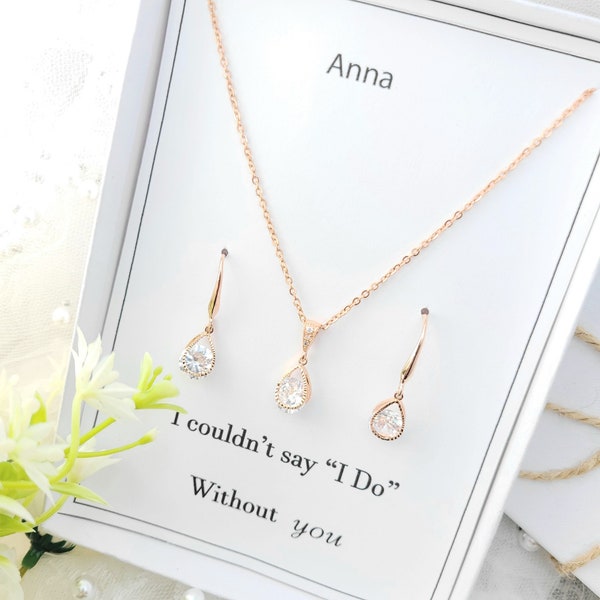 925 Silver Earring Hook with Rose gold ,Silver, Gold Clear Teardrop Dainty Chain Necklace & Earring Set. Bridesmaid jewelry Set.- 3 Colors