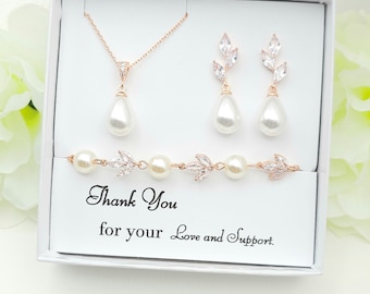 ROSE GOLD  12MM Teardrop Pearl Necklace and Earring Bracelet Set. Bridesmaid Jewelry Set. Bridal Jewelry Set. Wedding Jewelry set.