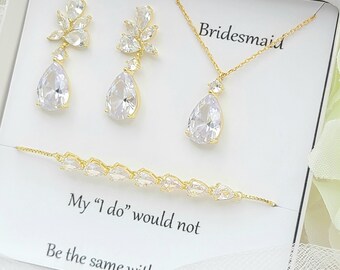 Elegance Teardrop Earring, Necklace, Bracelet 3 Set. Bridesmaid Jewelry Set. Bridal Jewelry Set. Minimal Wedding Jewelry Set- 3 Colors