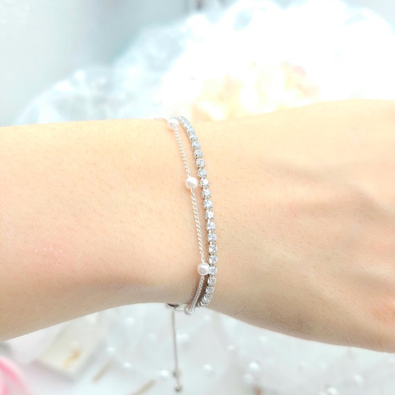 【TATIANA】Pearl and Petit Cubic Ball Chain Bracelet〜2点SET Top Quality 925.S 2MM Tiny Cubic Zirconia Square Tennis