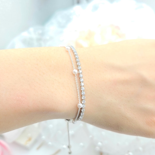 2MM Thiy Cubic Zirconia  Square Tennis Bracelet.  2MM Pearl  Ball Chain  Bracelet Set. Gold 3MM pearl Ball Chain Bracelet.