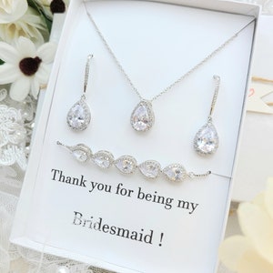 Silver Teardrop Necklace and Earring, Bracelet 3Set . Cubic Zirconia Teardrop Necklace, Earring, Bracelet . Bridesmaid Necklace.