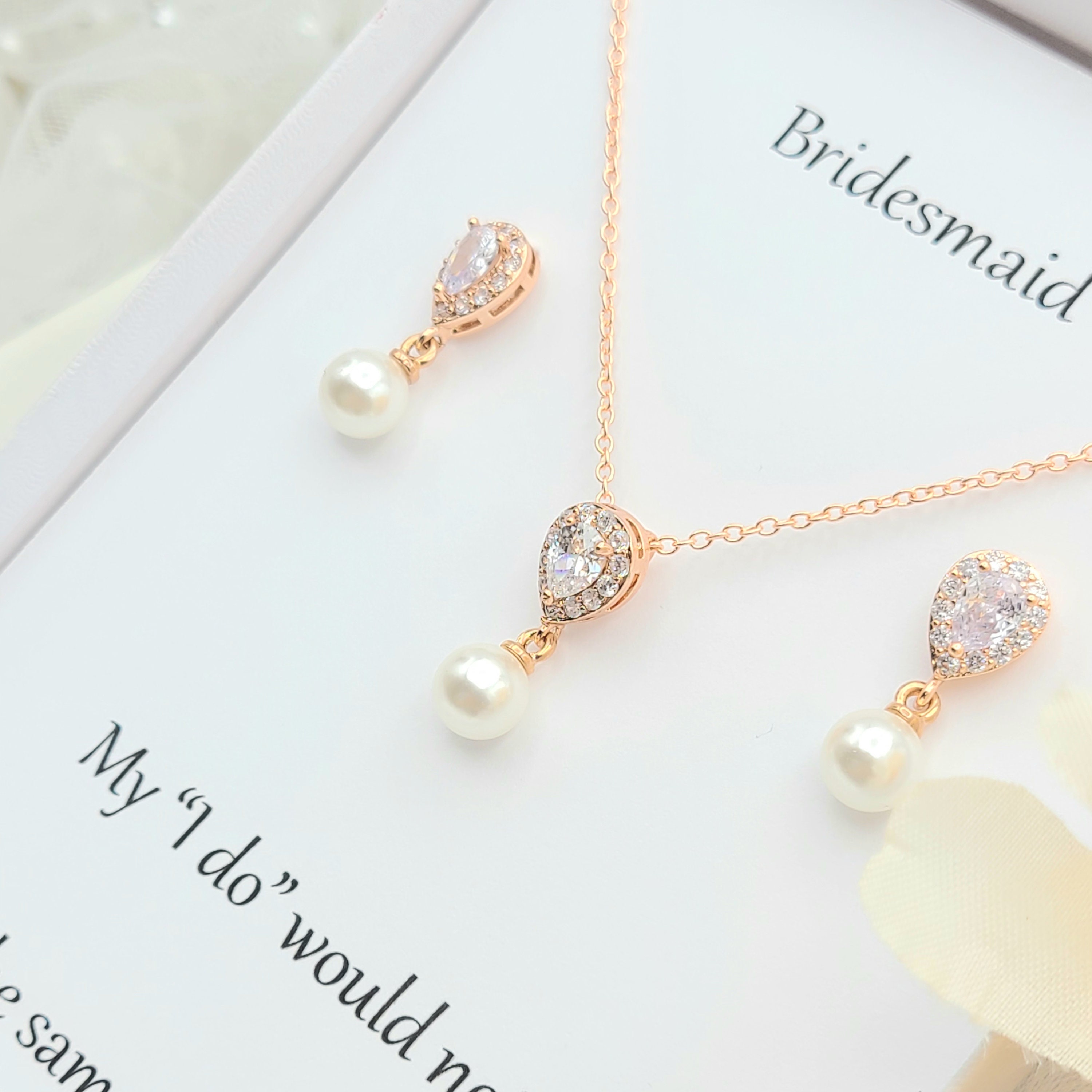 8MM Pearl Dangle Necklace Earring Set. AAA Cubic Zircoina
